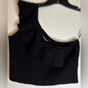 Express Black Asymmetrical Ruffled Crop Top